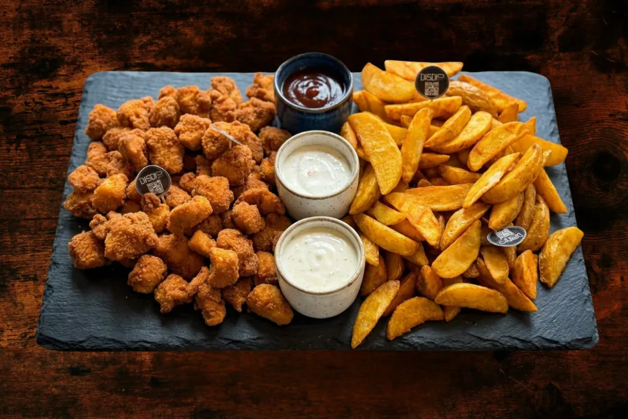 Platter of chicken bites and potato wedges