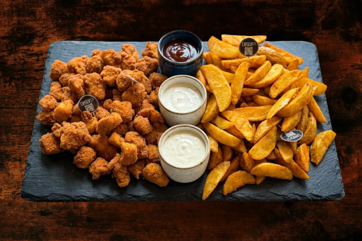 Platter of chicken bites and potato wedges