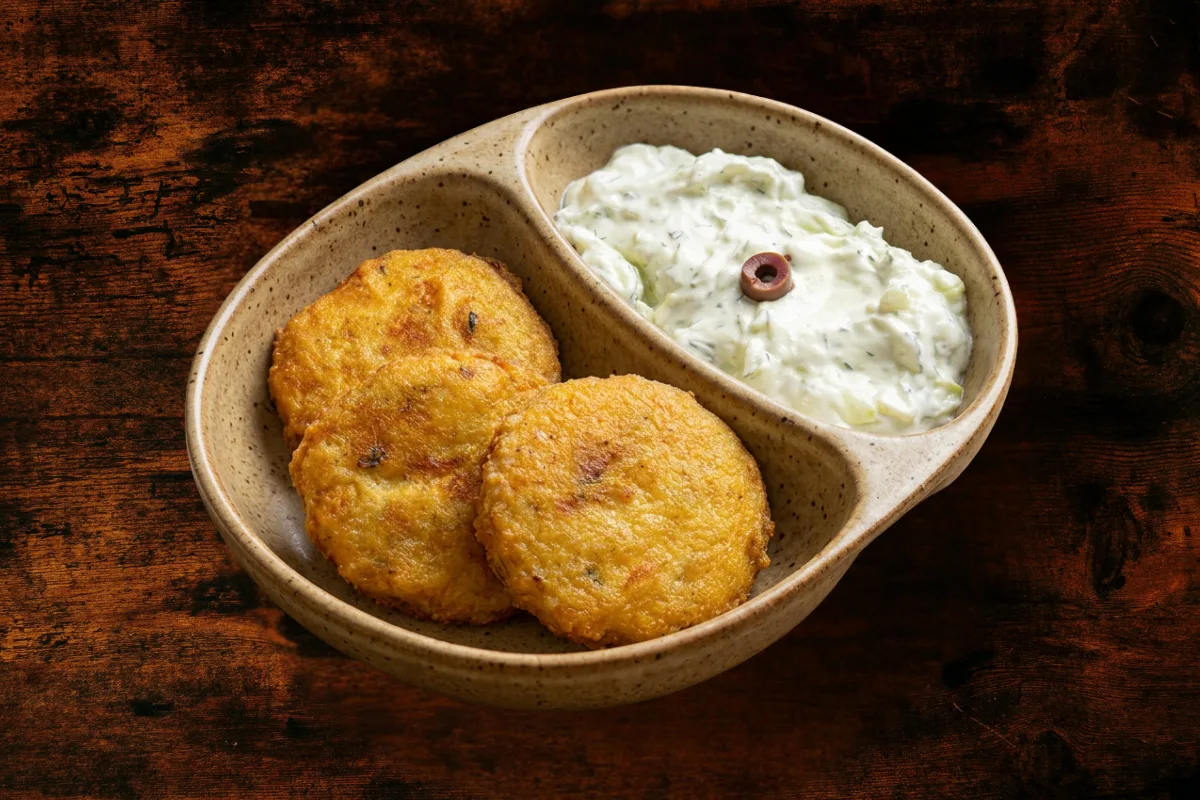 3 potato patties with a side dish