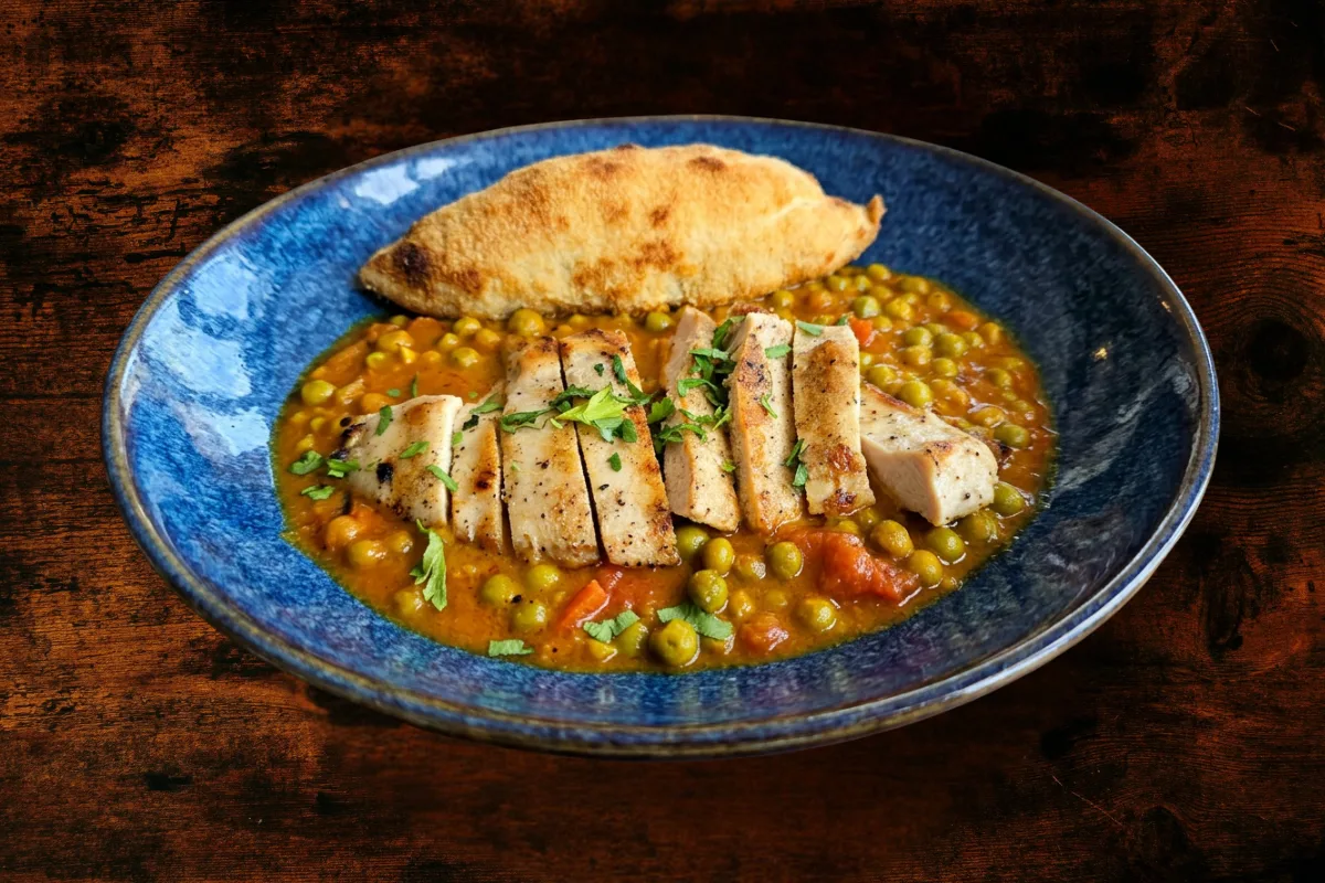 Pea Stew with Roasted Chicken Fillet and Flatbread
